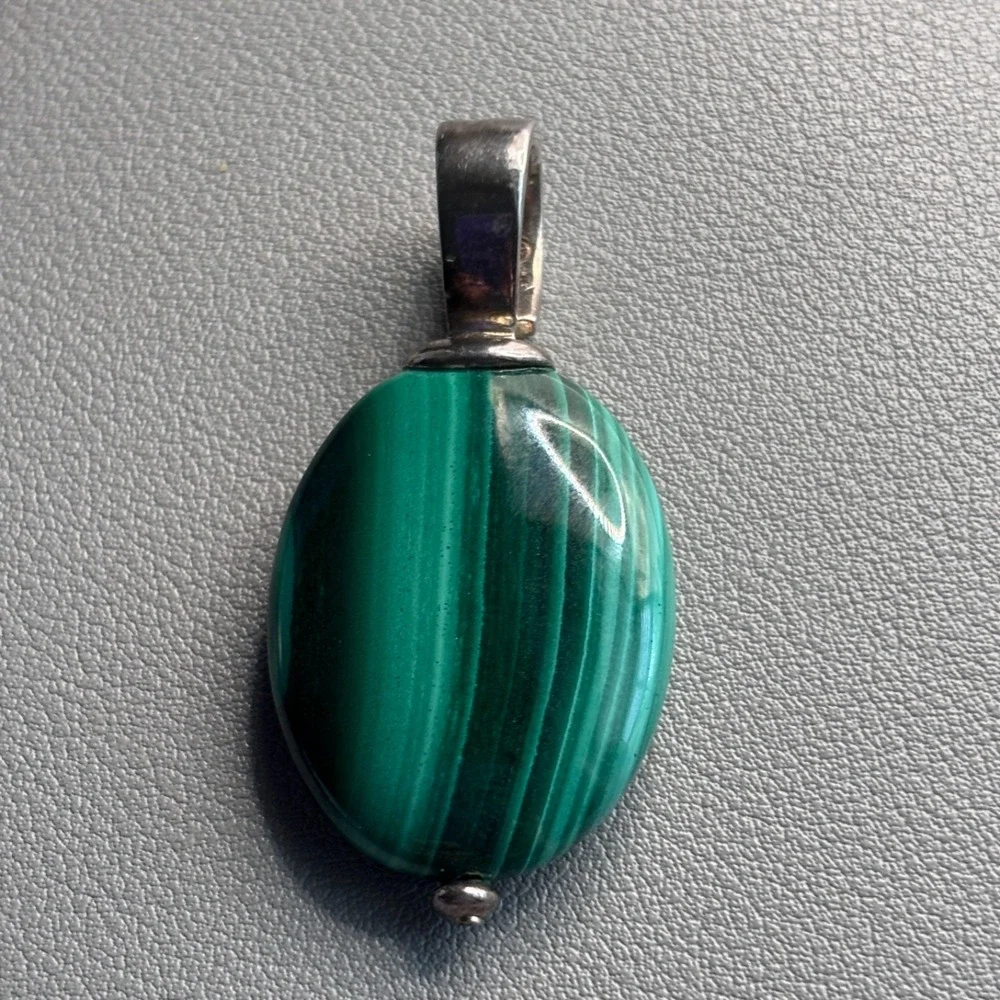 Vintage Malachite Sterling Oval Pendant Green 925 Silver 1.75